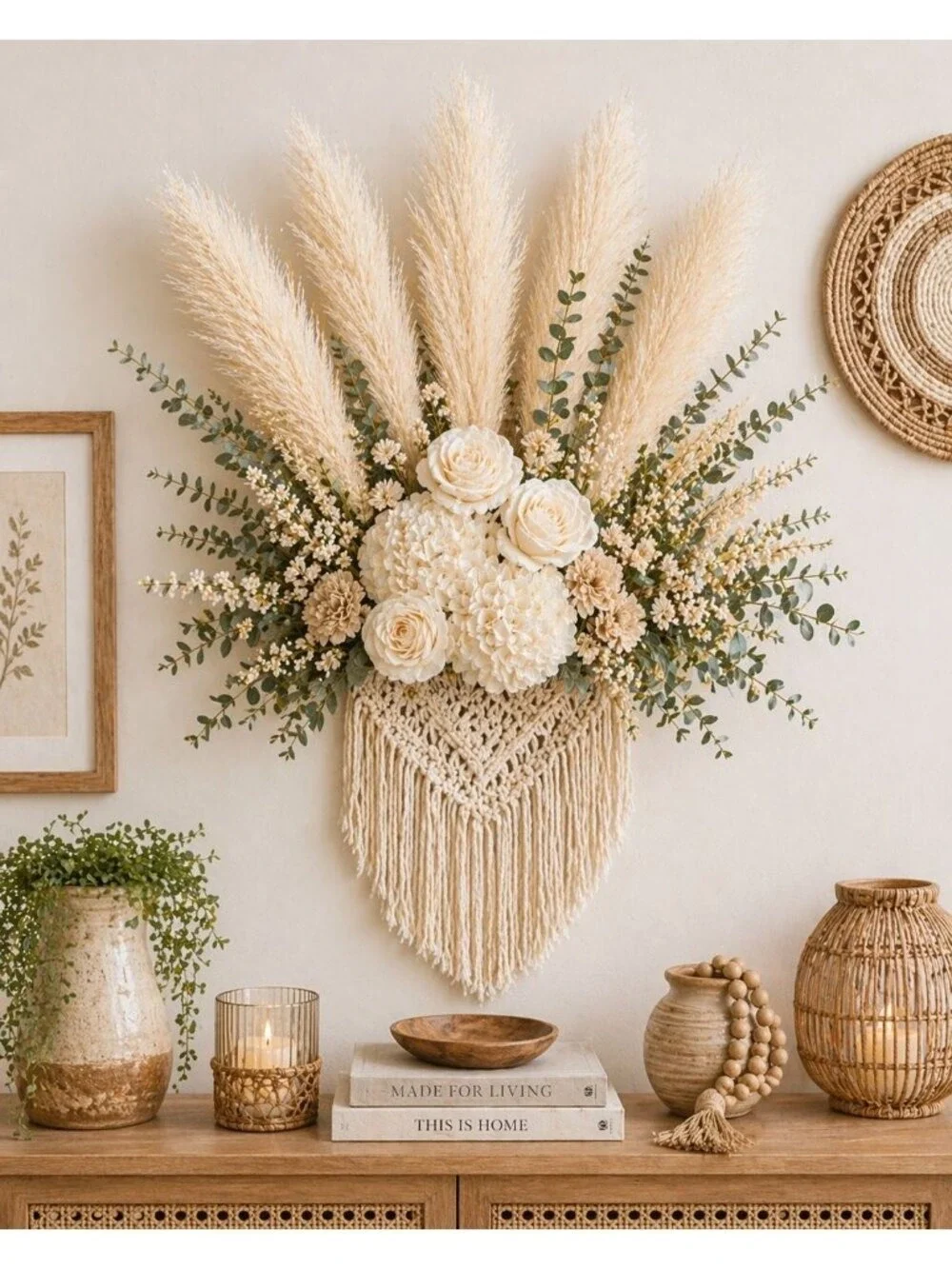 Cream Pampas Grass 3 Stem Faux Pampas Beige Neutral Vase Filler Farmhouse